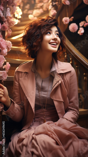 Asian woman, Auburn hair, Pixie Cut style, Dusty Rose Robe, spiral staircase, Mystical, Leaning, Laughing 