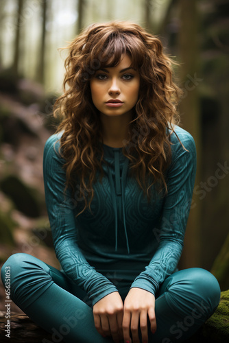 Caucasian woman, Brunette hair, Curly style, Teal Turquoise Athletic Wear, forest, Mystical, Sitting, Serious 