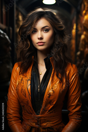 Caucasian woman, Brunette hair, Long style, Tangerine Orange Leather, museum, Mystical, Leaning, Serious 