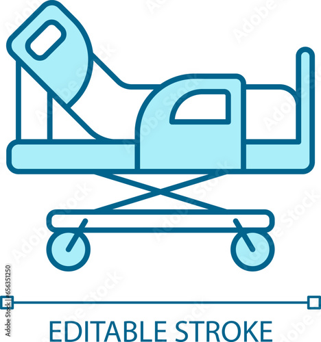 2D pixel perfect editable blue gurney icon, isolated monochromatic vector, thin line illustration representing medical care equipment.