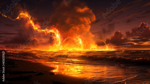 A breathtaking illustration of a burning sea. The fire has engulfed the surface of water.