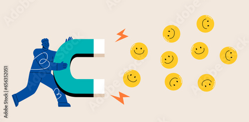 Men use magnets to attract positive thoughts. Positive thinking. Colorful vector illustration