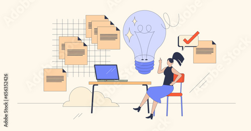 Eureka AHA moment as creative solution or invention retro tiny person concept. Find breakthrough with smart innovation or new idea vector illustration. Achievement and bright creation as light bulb.