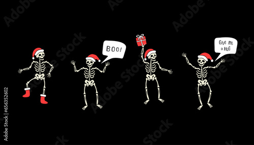 Funny skeletons with Santa hat and speech bubble: give me a hug and boo! New Year cartoon characters vector illustration
