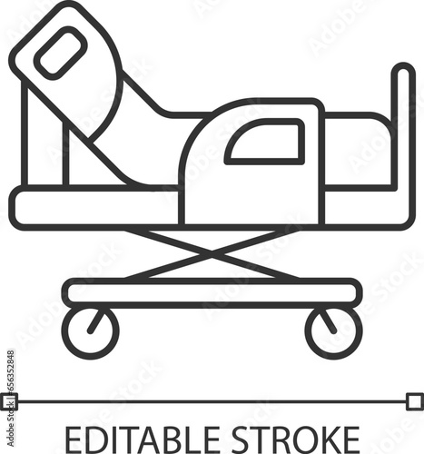 2D pixel perfect editable black gurney icon, isolated vector, thin line illustration representing medical care equipment.