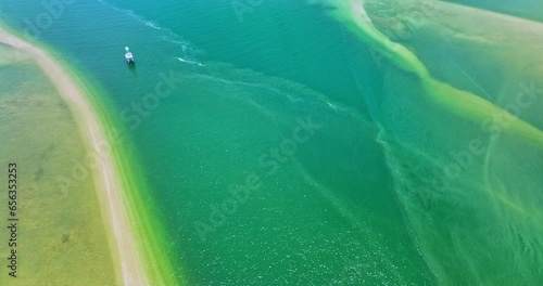 Aerial view green sea in the middle of sandbar..Amazing sandy beach, when the tide is low, you will see a sandbar stretching into the sea. .Tourists like to walk down to experience the feeling. photo