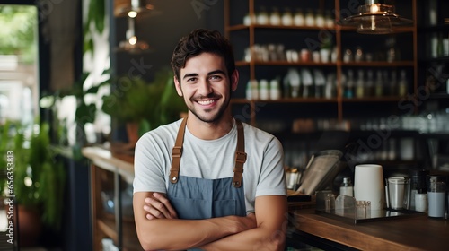 Smiling Barista: Young Man Working in a Bright Cafe