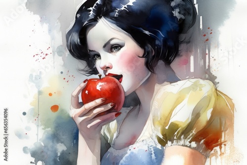 Snow-white princess apple watercolor. Fashion portrait. Generate Ai