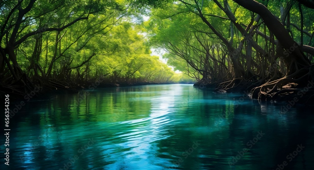 Obraz premium A serene mangrove forest with the calm waters reflecting the trees