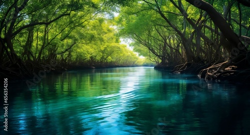 A serene mangrove forest with the calm waters reflecting the trees 