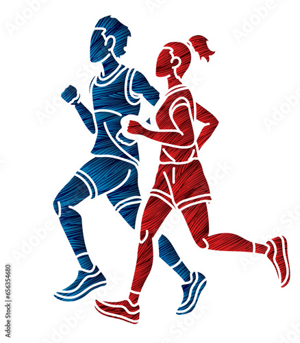 Group of People Running Together Runner Marathon Male and Female Run Action Cartoon Sport Graphic Vector