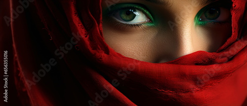 Close up portrait of young Woman muslim in red burqa with hidden face. female green eyes and face covered. Oriental girl in a burka. Straight look, expressive eyes, close-up portrait. Generative ai