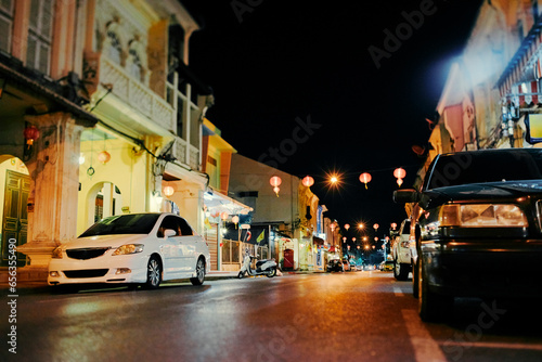 Travel by Thailand. Night time at Phuket Old town.
