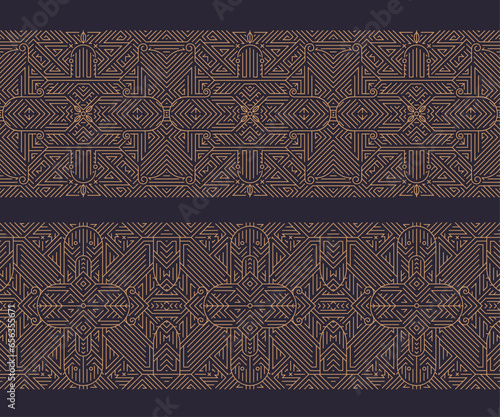 Vector art deco abstract geometric design templates for luxury products, seamless. Geometric golden background, banners, elements, dividers. Use for branding, decoration.