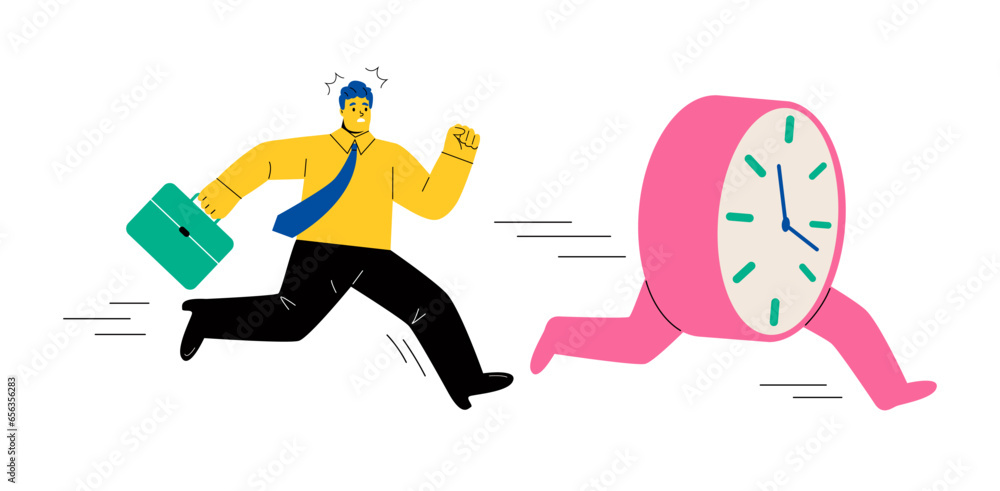 Busy business man and clocks running. Concept of deadline and time pressure. Flat vector illustration isolated on white background Busy business man and clocks running. Concept of deadline and time pressure. Flat vector illustration isolated on white background