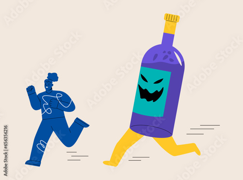 Woman running away from giant wine or liquor, avoiding alcohol concept. Colorful vector illustration