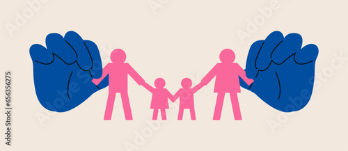 Human hands holding a family cut out paper. Colorful vector illustration