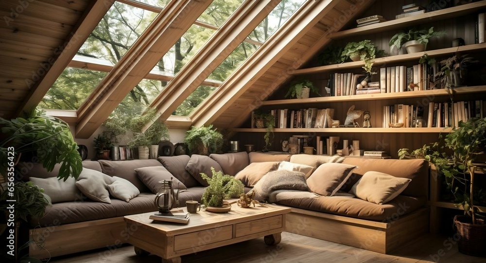 Cozy sunlit reading nook with garden view Cozy sunlit reading nook with garden view