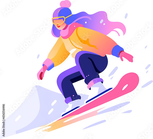 Young woman or girl on snowboard. flat winter.