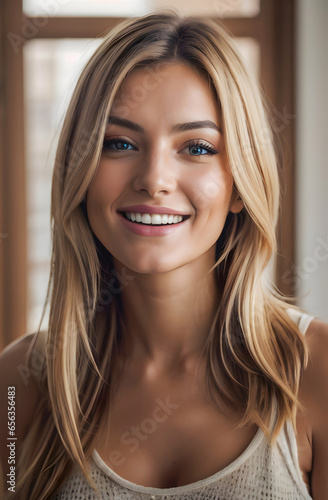 Close up portrait of a young attractive blonde woman smiling, natural beauty, blue eyes and blond hair. indoors model photography.