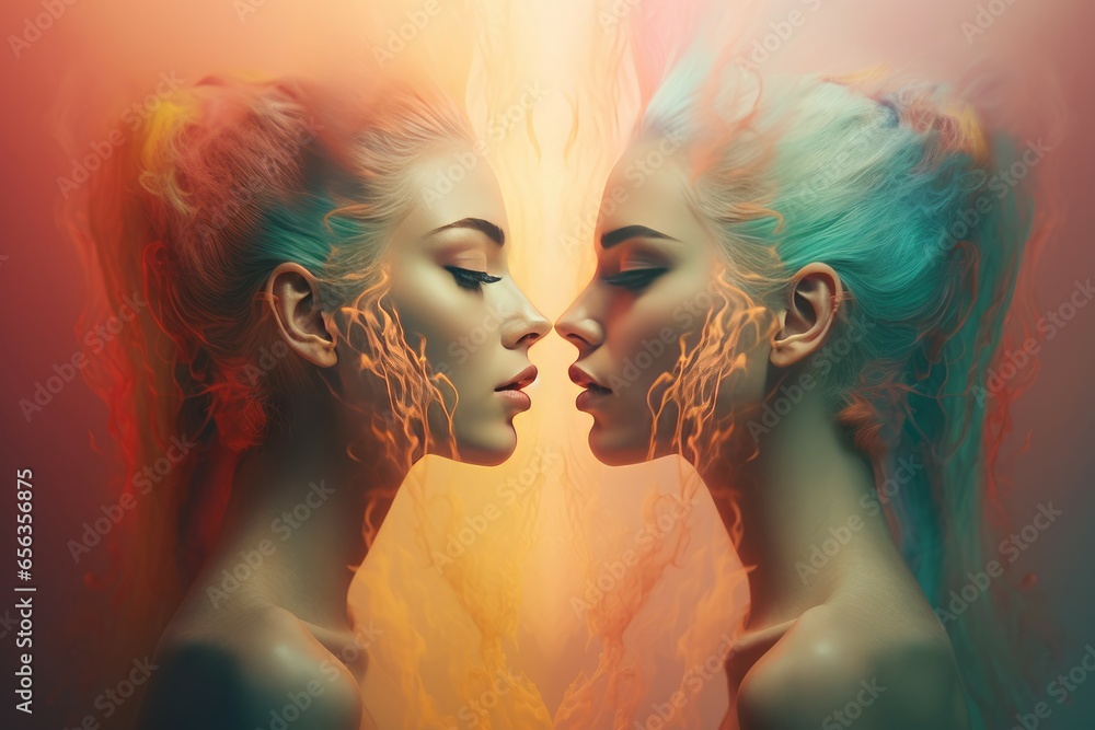 Obraz premium Twin soulmates. Face model hair. Generate Ai
