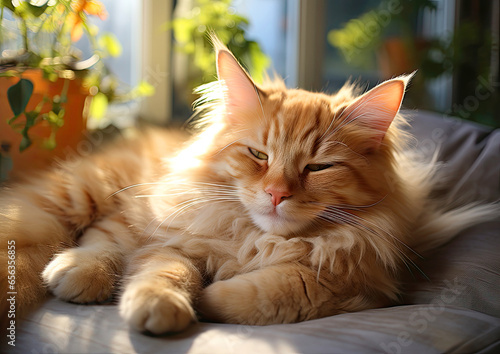 Cute red fluffy cat lies on the sofa under the sun rays