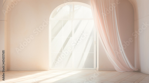 delicate pink curtain translucent silk on the window, interior light soft pastel , decoration wall room