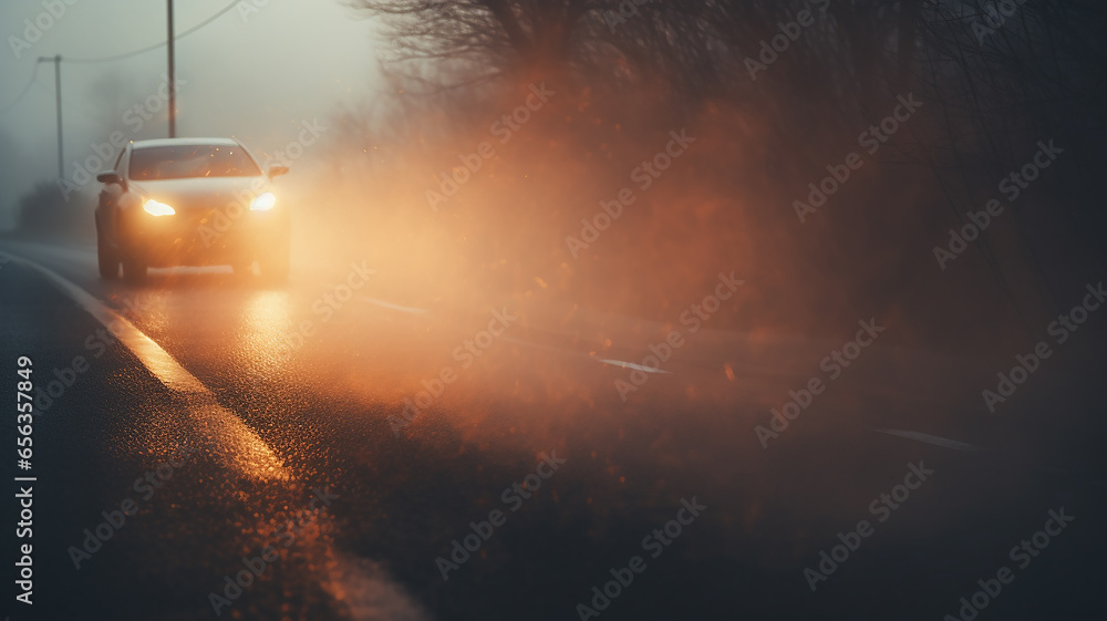 the headlights of a car on an autumn road in fog, the weather is a dangerous road in November - obrazy, fototapety, plakaty 