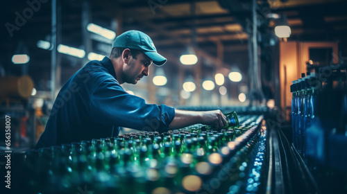 male factory worker standing near production line at drinks production factory