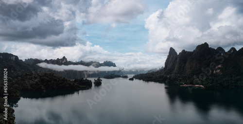 Beautiful landscape with lake  mountains and natural attractions on Cheow Lan Lake at Khao Sok National Park  Surat Thani Province  Thailand.