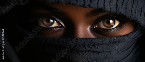 Close up portrait of young Woman muslim in black burqa with hidden face. female brown eyes and face covered. Oriental girl in a burka. Straight look, expressive eyes, close-up portrait. Generative ai