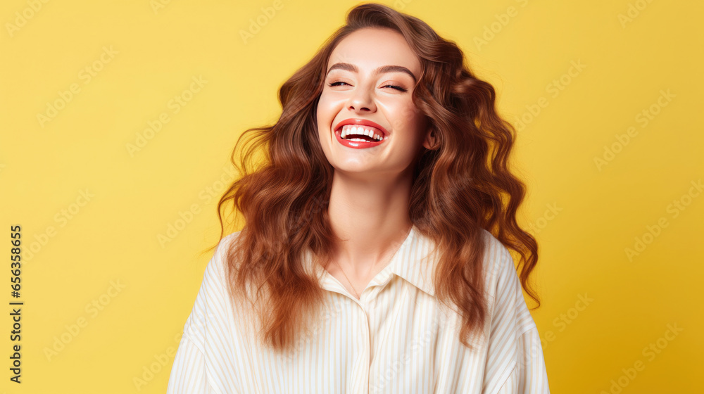 A happy beauty business girl, who is smiling and laughing wearing bright clothes on bright solid light color background. Generative Ai