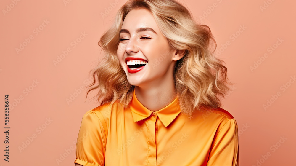 A happy beauty business girl, who is smiling and laughing wearing bright clothes on bright solid light color background. Generative Ai
