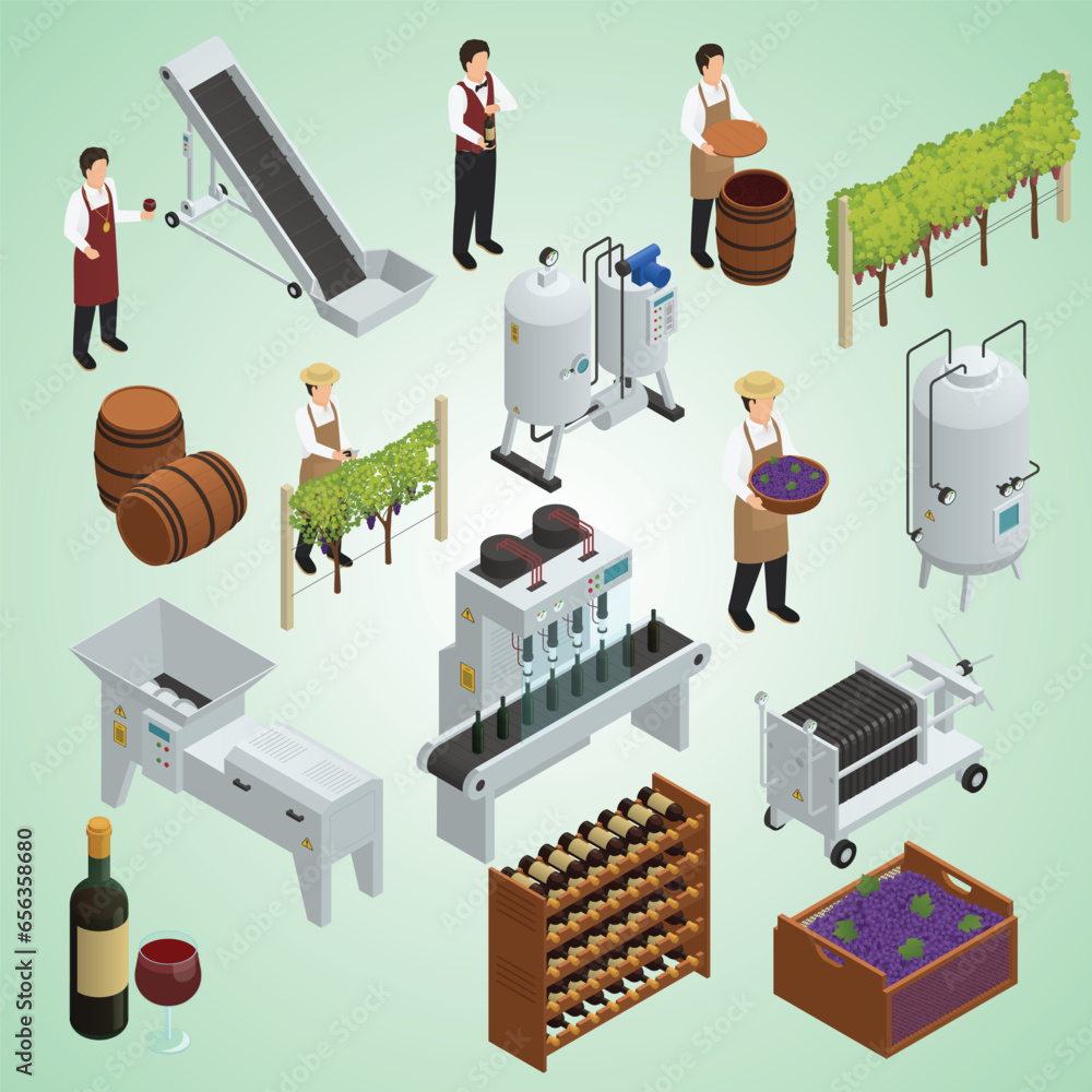 wine production isometric set - obrazy, fototapety, plakaty 