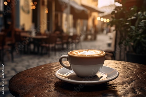 a rich, foamy cappuccino, its steam wafting gently, placed on a rustic wooden table outside a quaint Italian café, with an ancient, cobblestone street blurred in the background