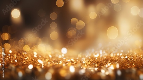 Gold sparkling lights festive background with falling stars and bokeh effect. Abstract winter card or invitation for christmas celebration.