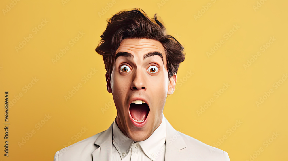 A young handsome manager man was Surprised and excited, opening eyes and mouth on bright solid light color background. Generative Ai A young handsome manager man was Surprised and excited, opening eyes and mouth on bright solid light color background. Generative Ai