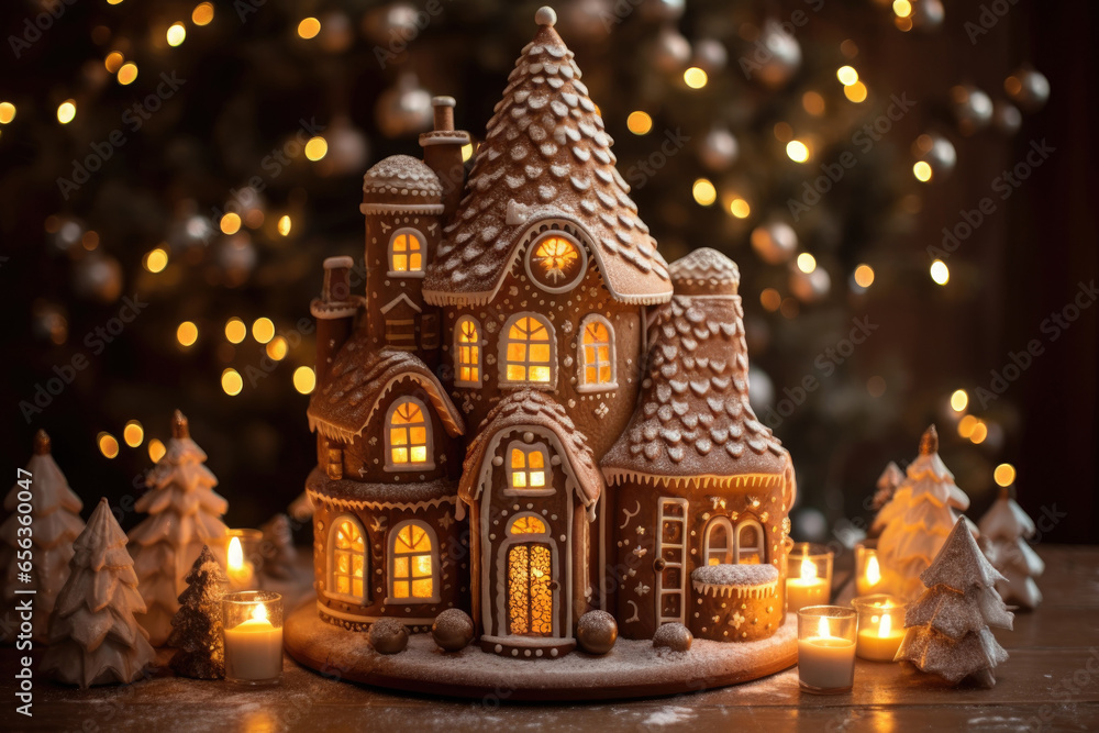 Homemade gingerbread house, warm lights on the background