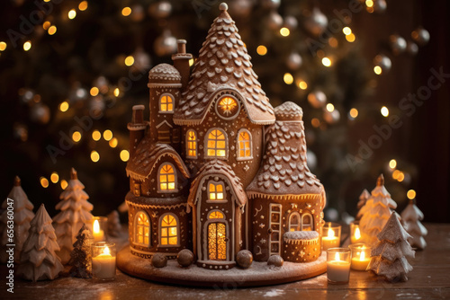 Homemade gingerbread house, warm lights on the background