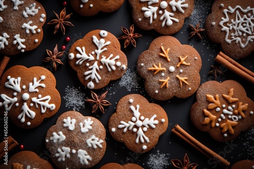 Christmas homemade gingerbread cookies and cinnamon sticks on dark background