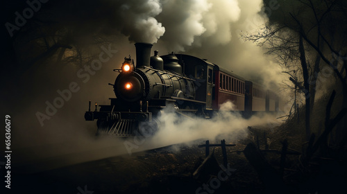 Locomotiva a vapore che esce dalla nebbia. Ai generated. photo