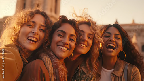 Group of Happy female friends taking selfie with smart mobile phone device at Rome, Italy landmark. Generative Ai