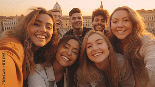 Fototapeta Naklejka Na Ścianę i Meble -  Group of young friends taking selfie with smart mobile phone device at Rome, Italy landmark. Generative Ai