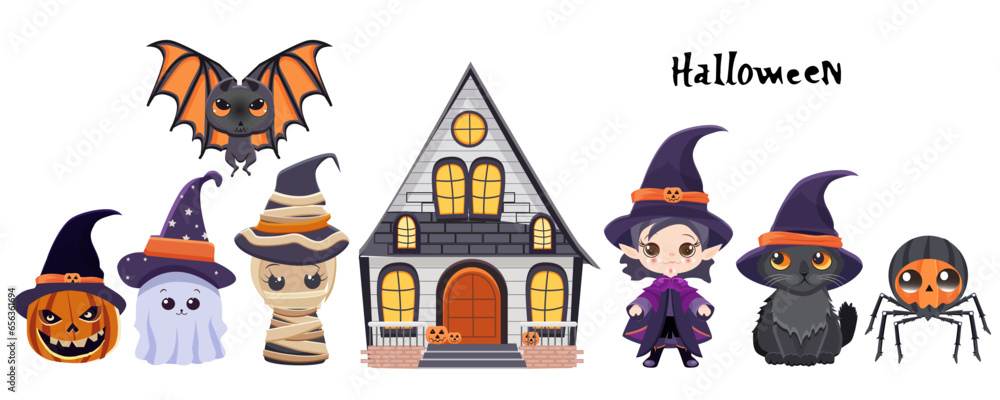Vector cartoon Halloween characters set. Witch, spider, ghost, bat, mummy, black cat, spooky house.