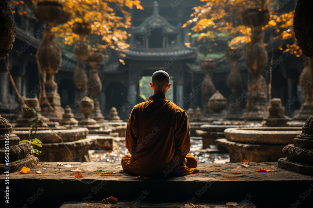 Monk in the lotus position in the temple. Generative AI.	