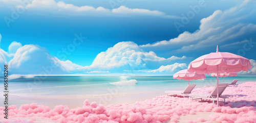 Pink beach chairs and pink umbrella on a beautiful pink sandy beach. Blue sky, puffy clouds, endless sea, mesmerizing waves, pink vegetation. Picture for a presentation, post, poster