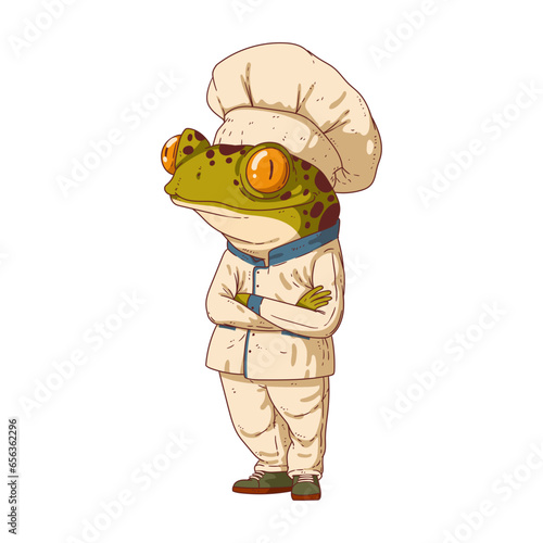 Frog man, isolated vector illustration. Cartoon image of a toad dressed as a chef. Colored sticker with the image of an animal. Anthropomorphic frog on a white background. Animal character. © Kyyybic