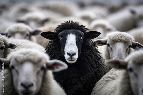 Black sheep in a flock of white sheep. Generative Ai