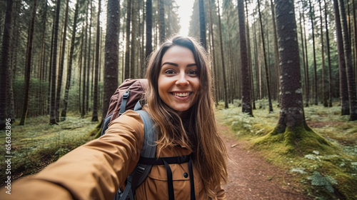 Happy traveler woman with backpack taking selfie picture in the forest. Travel blogger or Freelance, Life style and technology concept. Generative Ai