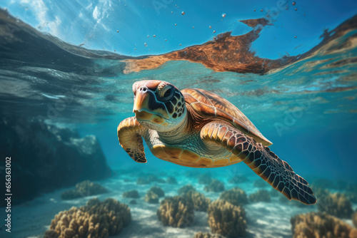 big sea turtle swimming underwater